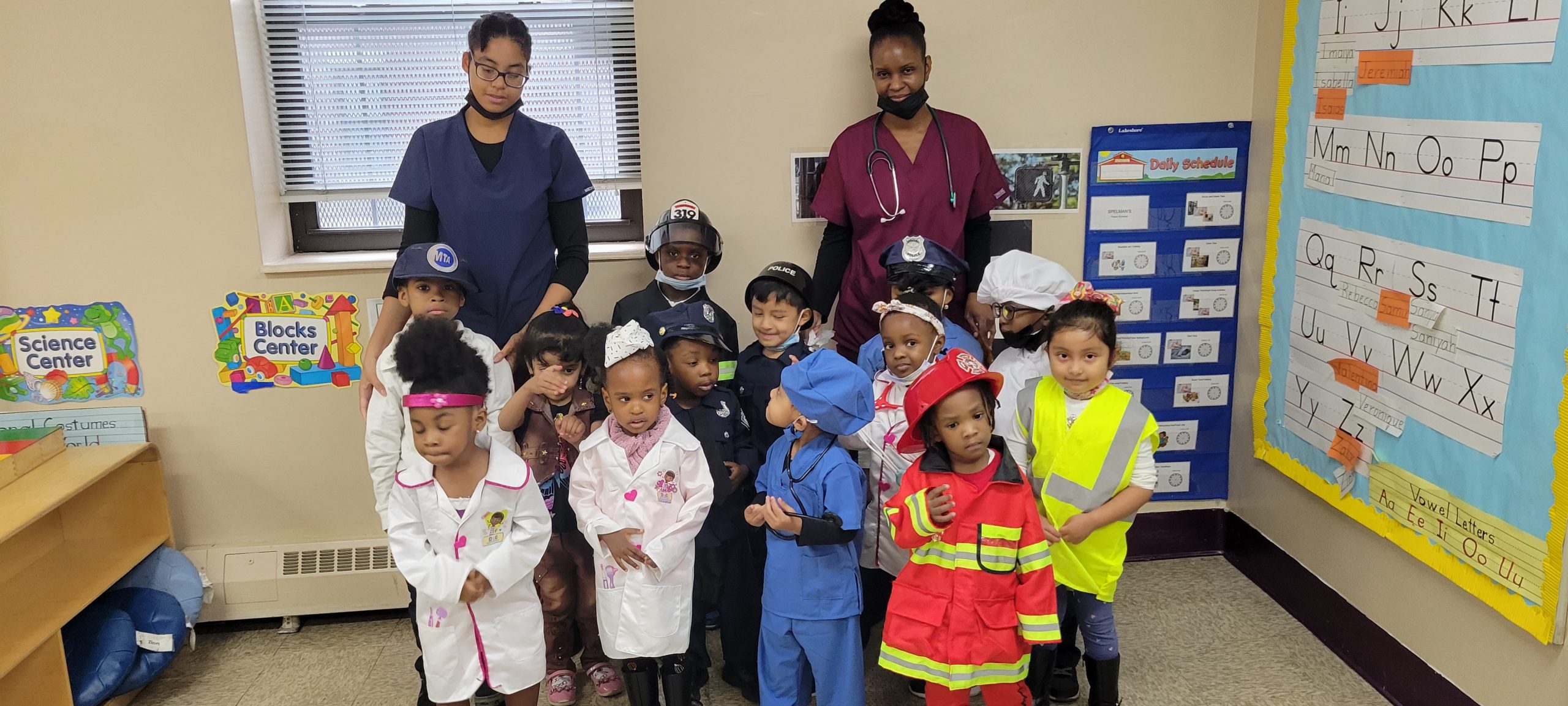 Parkside students dressed up as doctors and nurses with their class teachers.