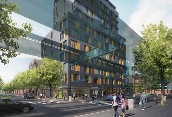 Perspective rendering outside a building overlapping a cityscape.