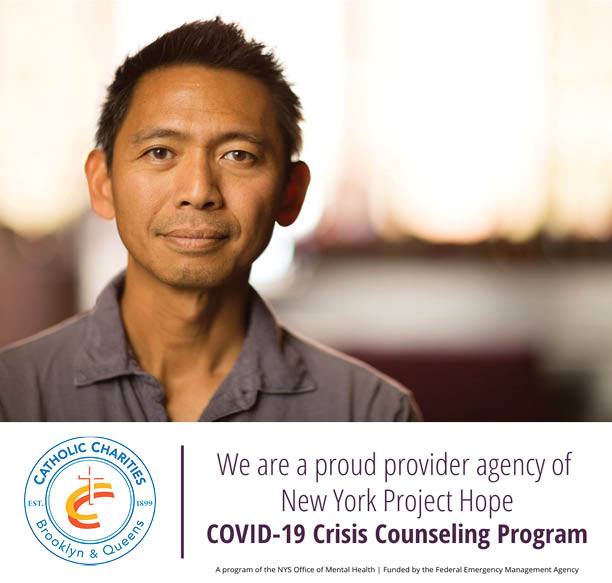 head shot of a man with the ccbq logo and tagline: we are a proud provider agency of new york project hope for covid-19 crisis counseling program