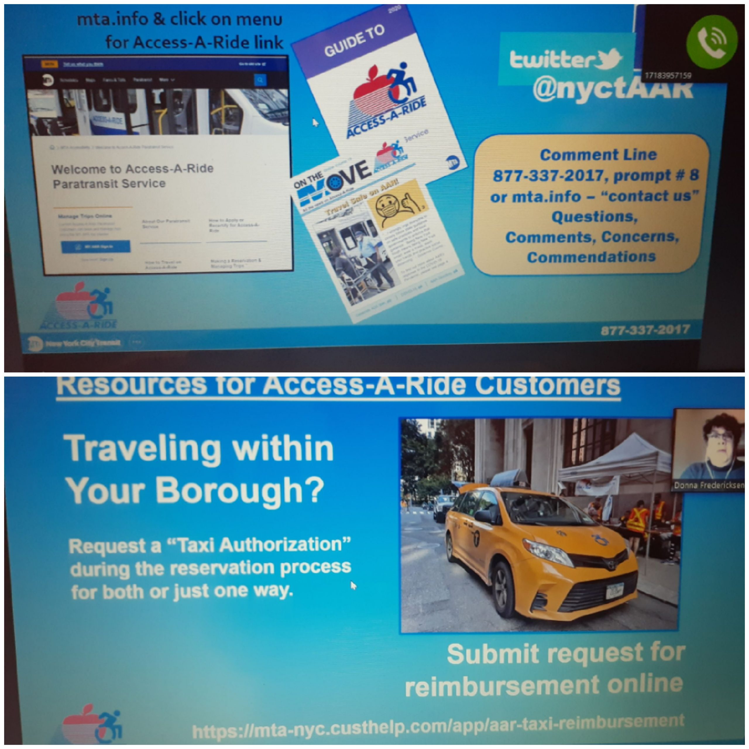 Kincare group on Zoom shares Resources for access-a-ride customers to request a taxi authorization and submit a request for reimbursement online