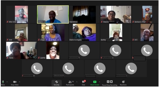 Screenshot of participants during Kincare Groups Fun Zoom Session