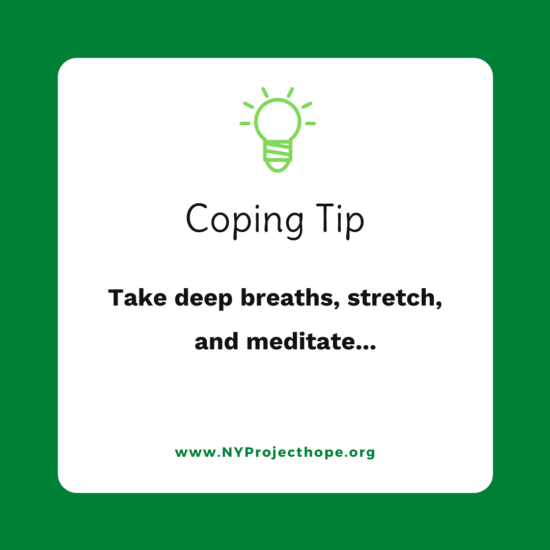 image with a text advising to take deep breaths, stretch and meditate