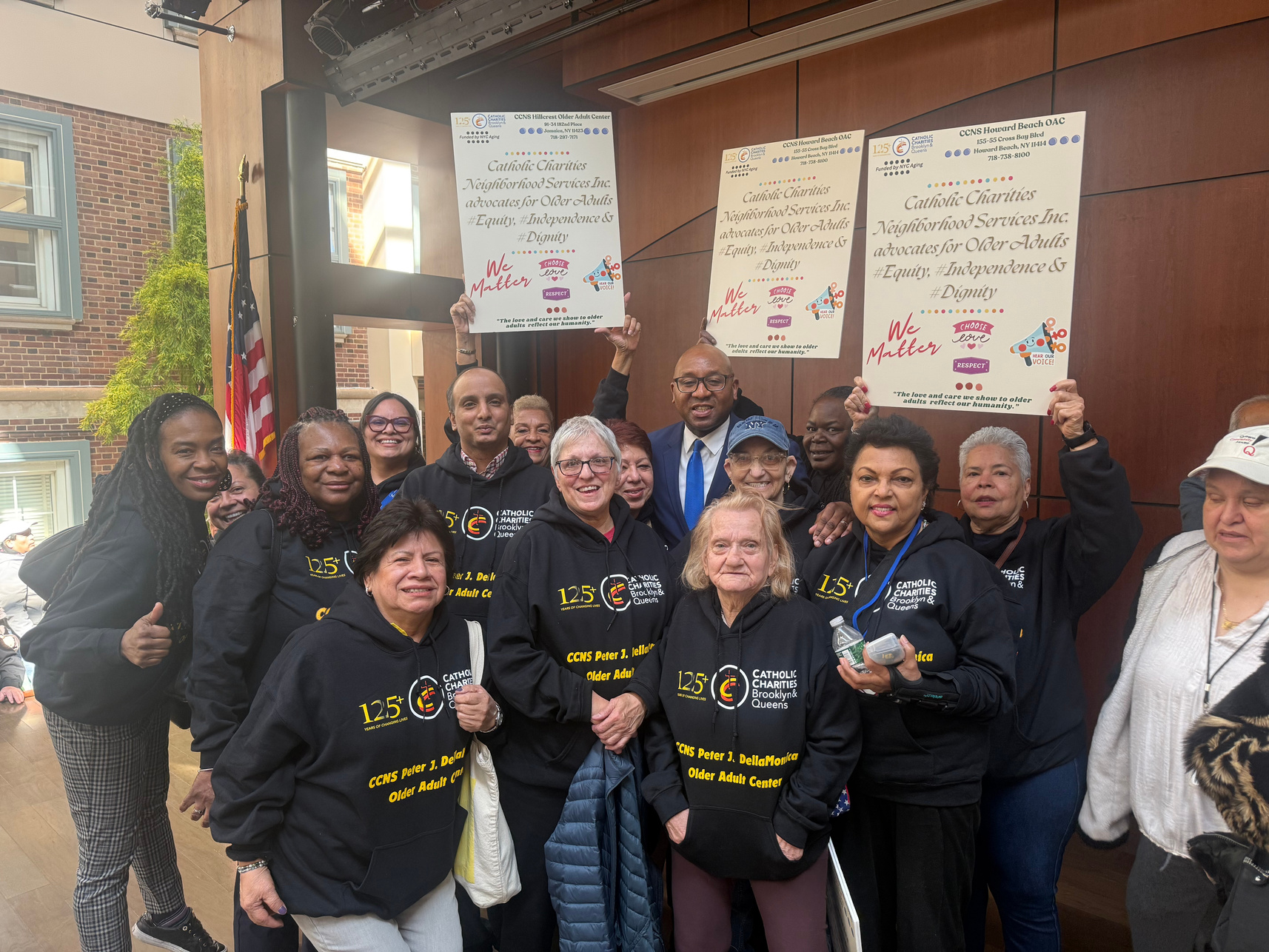 Members of The DellaMonica Older Adult Center, Hillcrest Older Adult Center, and Howard Beach Older Adult Center proudly represented Catholic Charities Brooklyn and Queens/Catholic Charities Neighborhood Services at the Live On Advocacy event held at Queens Borough Hall.