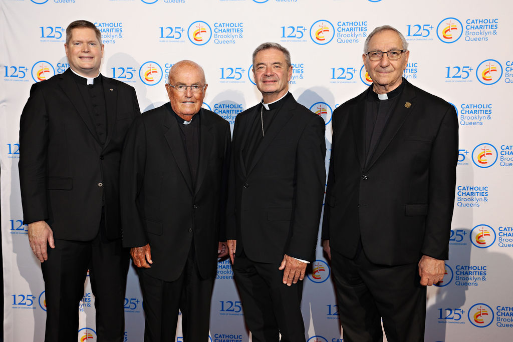 From the left: Very Reverend Patrick J. Keating, Esq., Catholic Charities Brooklyn and Queens Deputy CEO; Rev. Msgr. John Bracken; Bishop Robert J. Brennan; and Rev. Msgr. Alfred LoPinto, Catholic Charities Brooklyn and Queens President and CEO